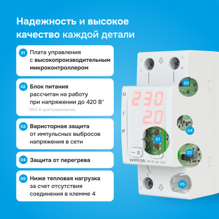 Реле напряжения Welrok VIP-32 red с контролем тока