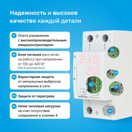 Реле напряжения Welrok VIP-50 red с контролем тока